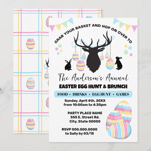 Ostereierjagd & Brunch Hirsch mit Bunnies Einladung (Vorne/Hinten)