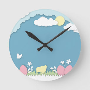 Ostereierjagd, Frühlingsferien Papercut Natur Runde Wanduhr