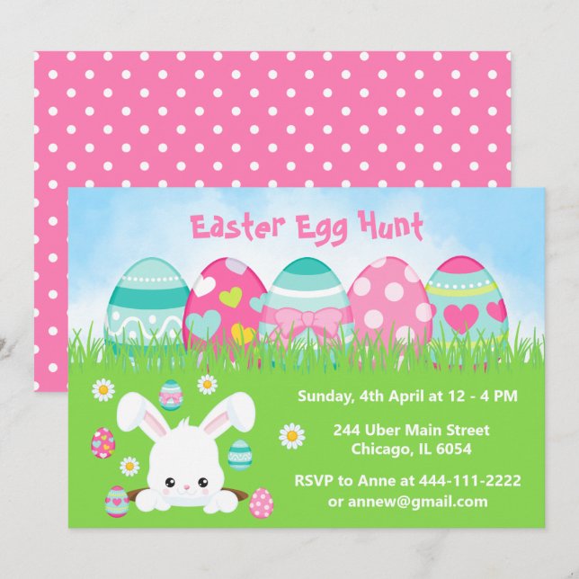 Ostereierjagd in Türkis Blau und Rosa Einladung (Vorne/Hinten)