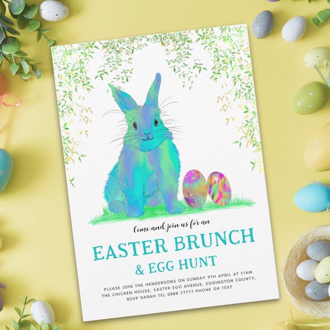 Ostereierjagd und Brunch Blauer Hase (Easter egg hunt spring brunch cute blue bunny & eggs garden party budget invitation)