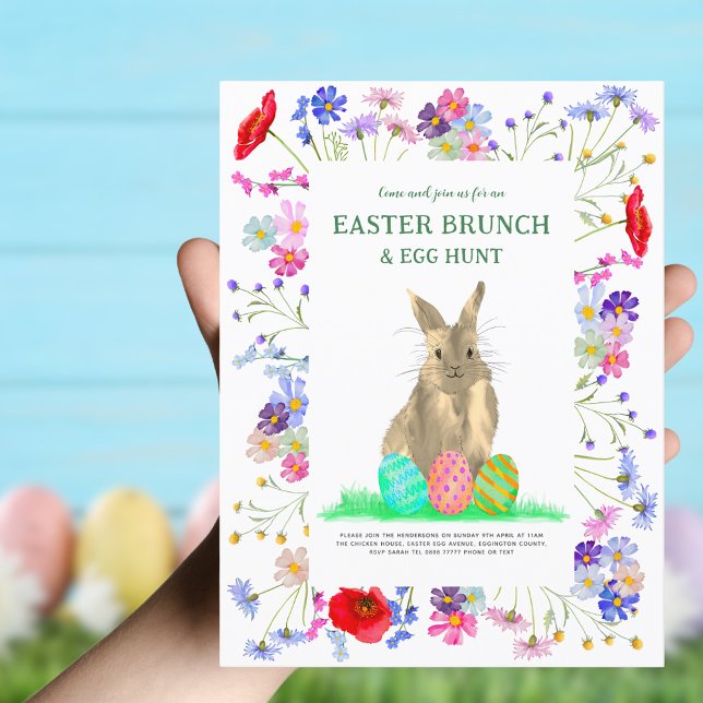 Ostereierjagd und Brunch Bunny Boho Floral Einladungspostkarte (Easter brunch and egg hunt colorful wildflowers and Easter bunny invitation )