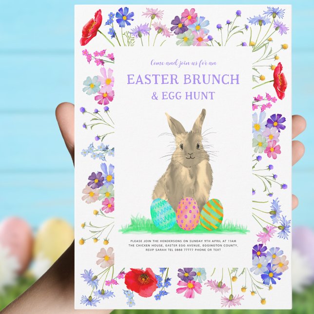 Ostereierjagd und Brunch Bunny Floral Einladung (Easter brunch and egg hunt custom invitation cute bunny and eggs with watercolor wildflower floral)