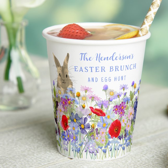 Ostereierjagd und Brunch Bunny Floral Pappbecher (Personalized Easter brunch egg hunt watercolor cute bunny spring florals spring party paper cup)