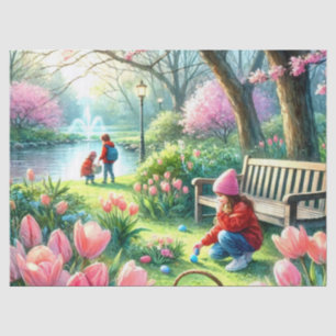 Ostereiersuche Kinder und rosa Tulpen Seidenpapier