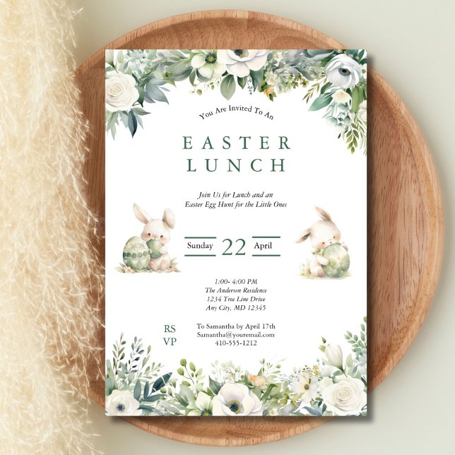 Osteressen Ei Jagen Sage Grüne Wasserfarbe Blüte Einladung (Bunnies Sage Green Watercolor Florals Easter Lunch Egg Hunt Invitation, Digital or Printed)