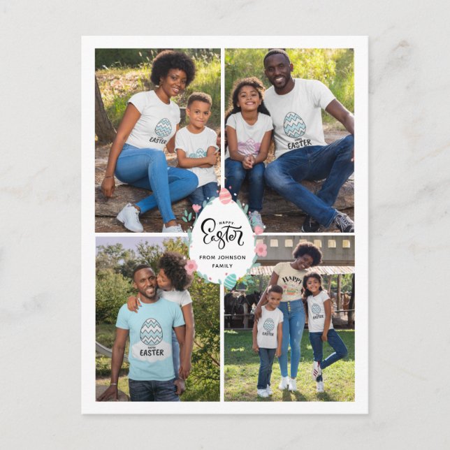 Osterfamilie 4 Foto Collage & Ei Personalisiert Postkarte (Vorderseite)
