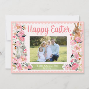 Osterfamilie mit Bunny Floral Pink Card Foto Dankeskarte