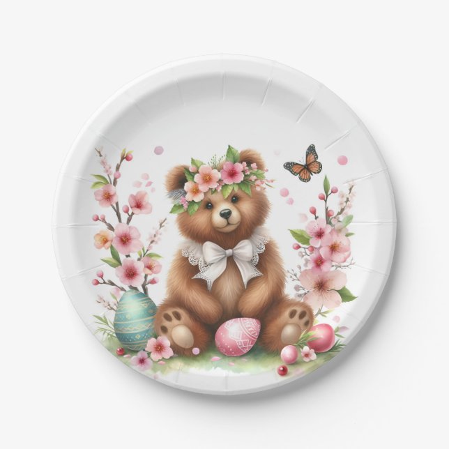 Osterfarbene Braunbäreier und Blume - Pappteller (Vorderseite)