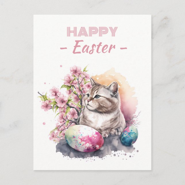 Osterfarbene Katzeneier und Kirschblüten - Postkarte (Vorderseite)