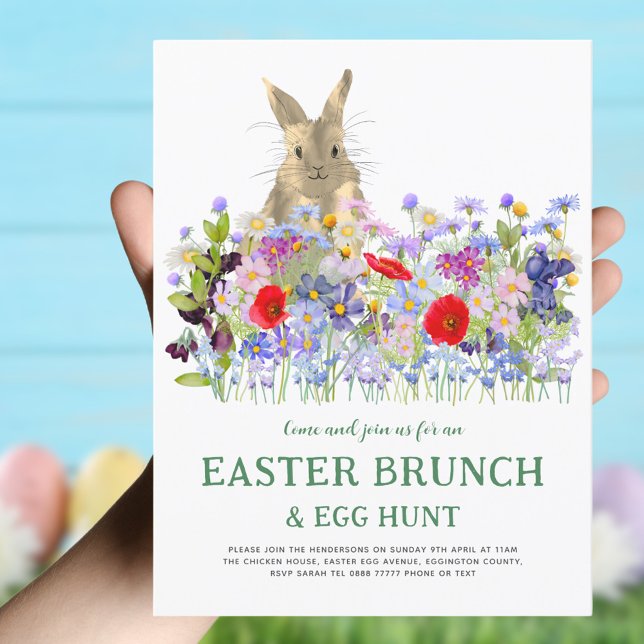 Osterfeier Jagen Niedlich Bunny Bloral Einladungspostkarte (Easter brunch and egg hunt boho wildflower watercolor  invitation)