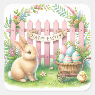 Osterfeier mit Bunny und Chick Quadratischer Aufkleber