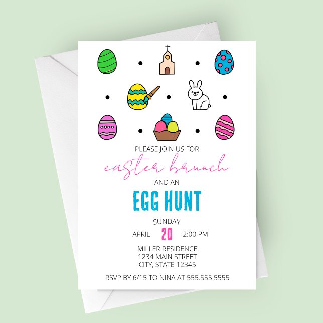 Osterfeier und Ei Hunt Line Symbole Osterfest Part Einladung (Easter Brunch and Egg Hunt | Modern Easter Icons Party Invitation)