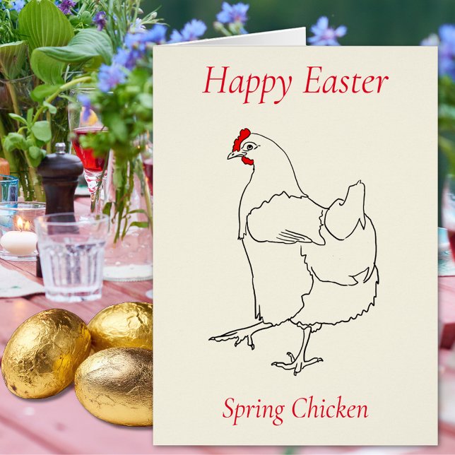 Osterfrühlingshähnchen, einfach zeichnend (Happy easter spring chicken cute hen minimalist line art drawing Folded holiday greetings card)