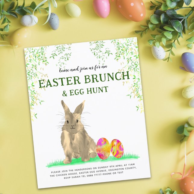 Ostergeblasene Ei-Jagd und Brunch (Easter brunch egg hunt cute bunny watercolor colorful eggs spring garden party budget invitation)