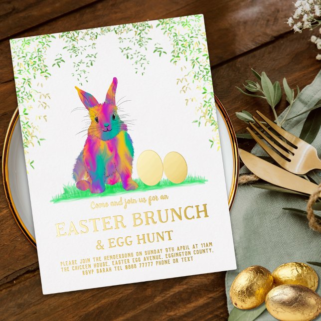 Ostergeblasene Ei-Jagd und Brunch Gold pink Folie Einladungspostkarte (Easter egg hunt spring brunch colorful cute bunny golden eggs garden party gold foil invitation )