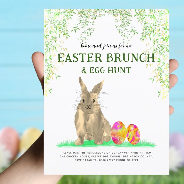 Ostergeblasene Eizelljagd und Brunch Budget Einladungspostkarte (Easter brunch and egg hunt watercolor cute Easter bunny and eggs invitation )