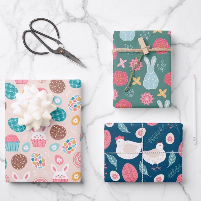 Ostergepflegtes Muster Bunnies Eier und Hühner Geschenkpapier Set (Vorderseite)