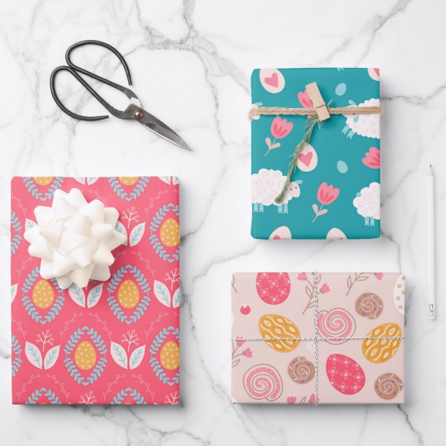 Ostergepflegtes Muster Schafe und Blume Geschenkpapier Set (Vorderseite)