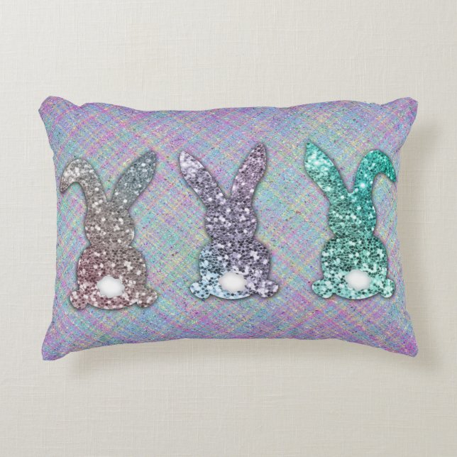 OsterGlitzer Pastel Glam Bunnies auf Kariert Dekokissen (Vorderseite)