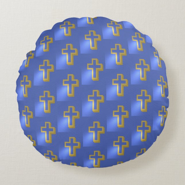Ostergolden Christlich Religious Lit Cross Blue Rundes Kissen (Vorderseite)