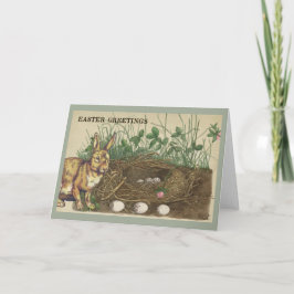 Ostergruß Kaninchen, Eier, Nest, Gras, Klee Feiertagskarte