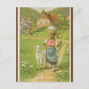 Ostergruß mit Lamm und Hase mit Korb voller Eier Postkarte