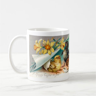 Ostergruß mit Vintage-Küken und gelben Blumen Kaffeetasse