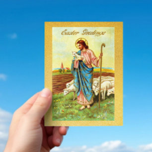 Ostergrüße im Vintage-Stil Hirte Schaf Lamm Jesus Postkarte