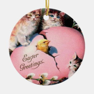 Ostergrüße im Vintage-Stil Katzen Küken und Ostere Keramik Ornament