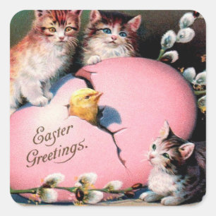 Ostergrüße im Vintage-Stil Katzen Küken und Ostere Quadratischer Aufkleber