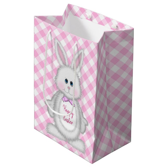 Osterhase auf Ginhgam Mittlere Geschenktüte (Vorderseite Schrägansicht)