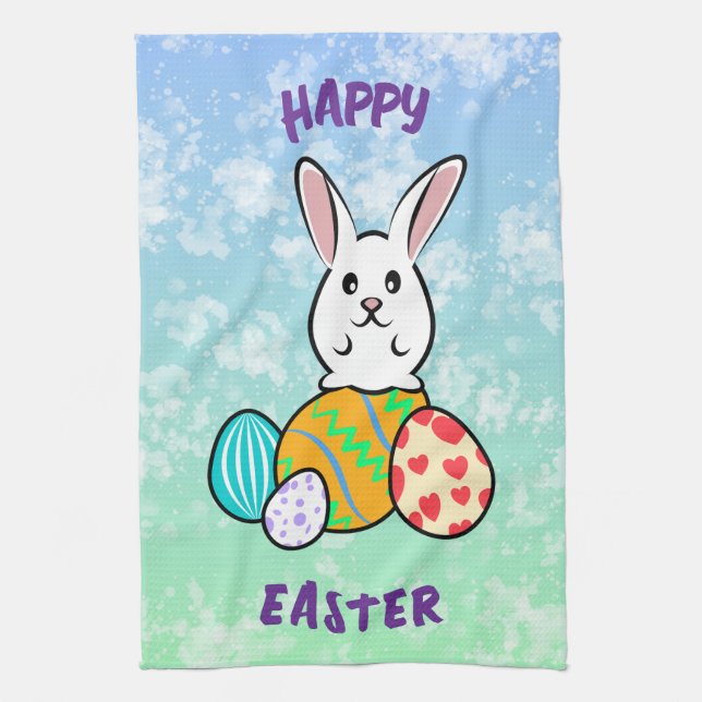 Osterhase auf Ostereiern Geschirrtuch (Vertikal)