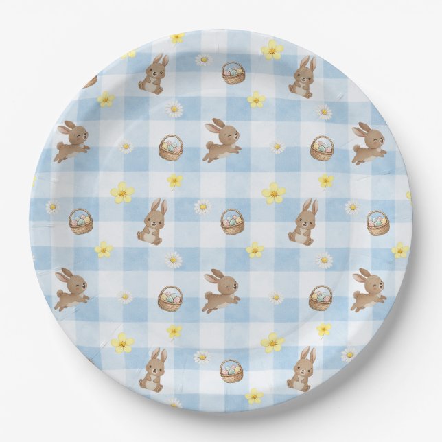 Osterhase Blau Gingham Pappteller (Vorderseite)