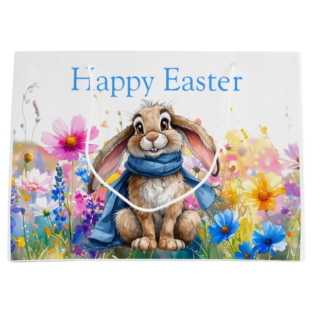 Osterhase blaue Schärpe Frohe Ostern Große Geschenktüte (Vorderseite)