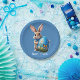 Osterhase blauer Schleife - Pappteller