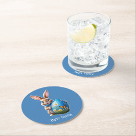 Osterhase blauer Schleife - Runder Pappuntersetzer