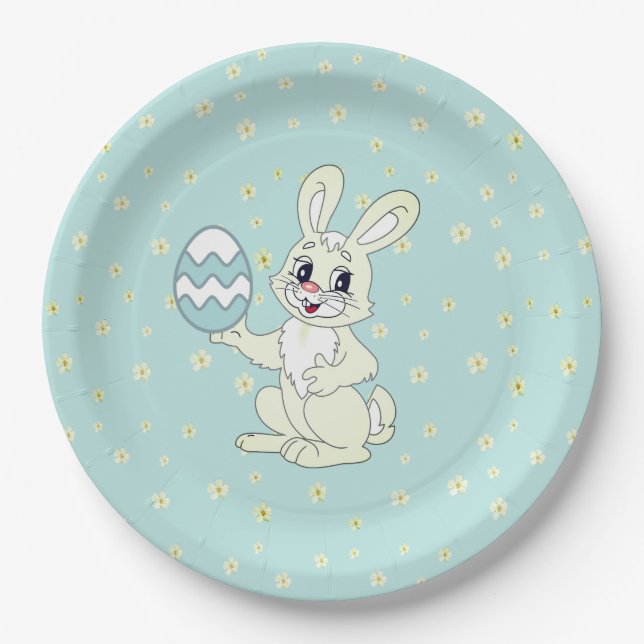 Osterhase & Blumenmuster auf Hellblau Pappteller (Vorderseite)