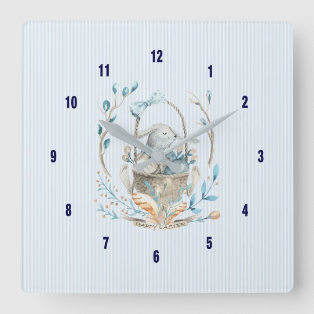 Osterhase Bokeh Blume & Feathers Quadratische Wanduhr (Vorderseite)