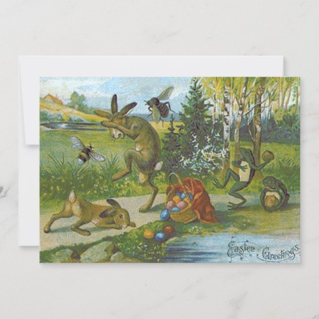 Osterhase Bunny Basket farbig Eier Frosch Einladung (Vorderseite)