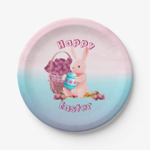 Osterhase, Ei, Blume Korb Pink & Blau Pappteller
