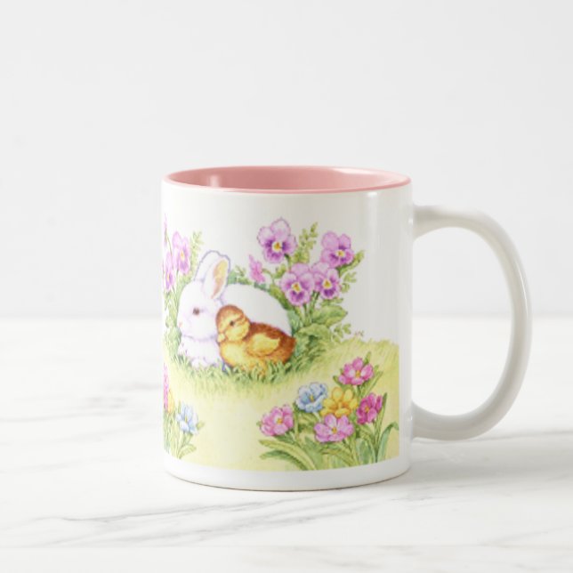 Osterhase, Entlein und Blumen Zweifarbige Tasse (Rechts)