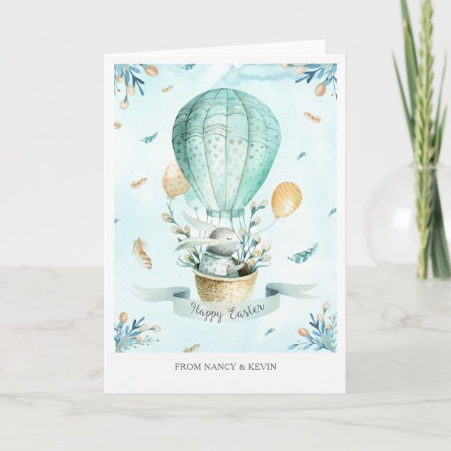 Osterhase & Frühlingsblumen Happy Osterkarte Feiertagskarte (Vorderseite)