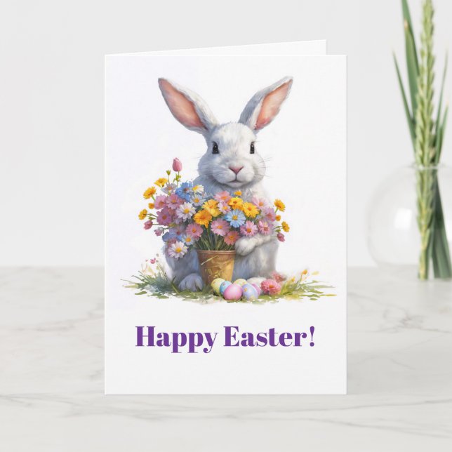 Osterhase Frühlingsblumen in Blumen Feiertagskarte (Vorderseite)