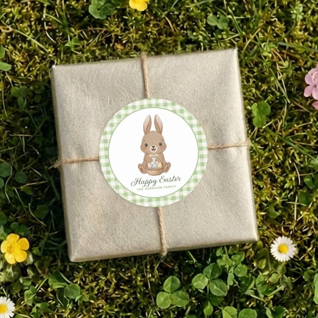 Osterhase Grün Aquarell Gingham Runder Aufkleber (Von Creator hochgeladen)