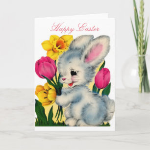 Osterhase-Hase aus den 1940er Jahren mit Blumen im Feiertagskarte