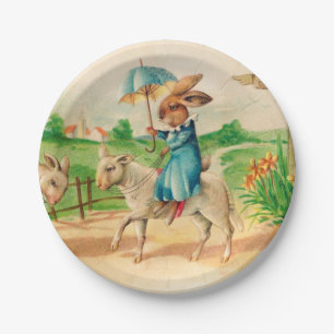 Osterhase Hase reitet Lämmer Grüße Vintage Pappteller