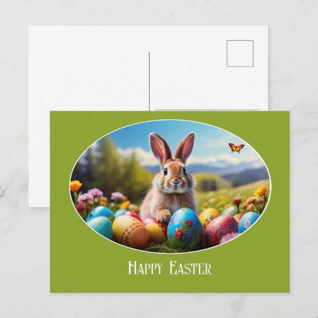 Osterhase im Blumenfeld Illustration -  Postkarte (Vorne/Hinten)
