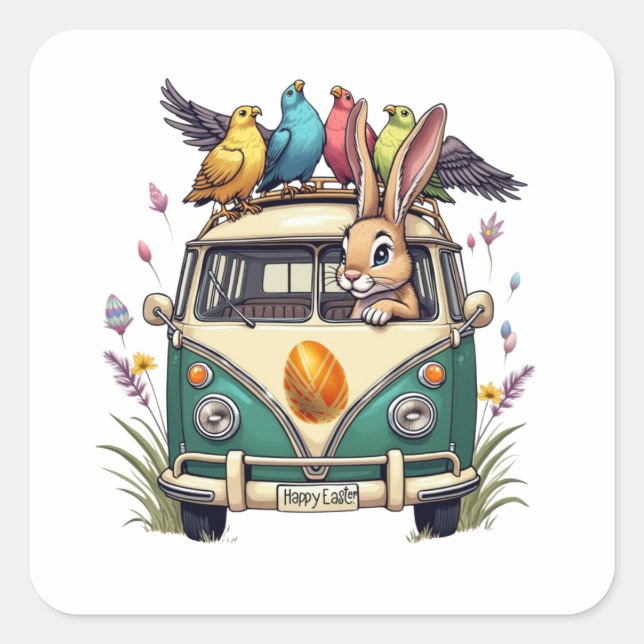 Osterhase im Bus mit Vogelfreunden - Frühjahr 2008 Quadratischer Aufkleber (Vorderseite)