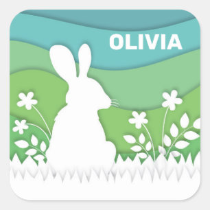 Osterhase im Cartoon, grüne Frühlingsnatur Quadratischer Aufkleber
