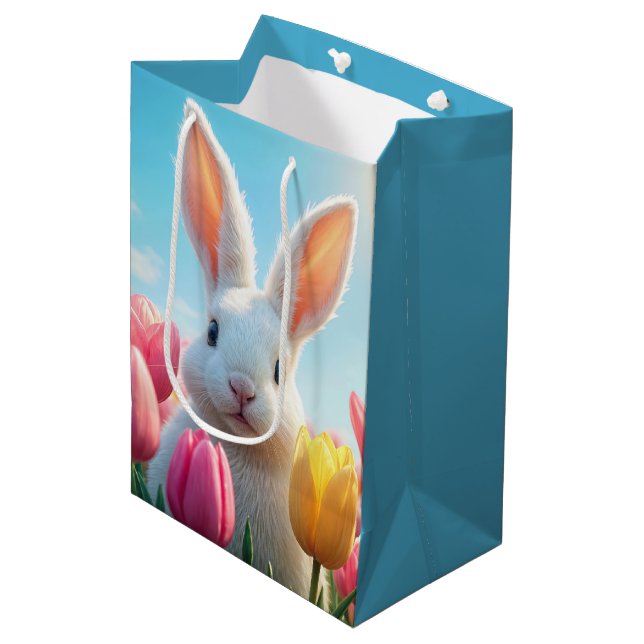 Osterhase im Tulip Garten Mittlere Geschenktüte (Vorderseite Schrägansicht)
